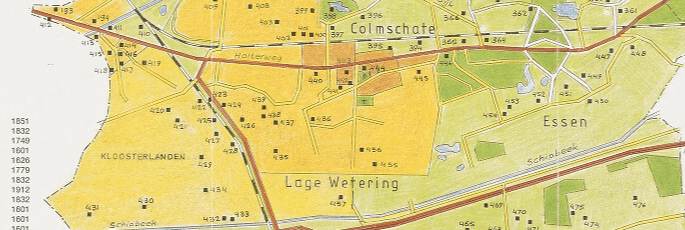 Kaart met boerderijen in Colmschate-Zuid (Lage Weteringen en Essen)