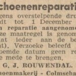 Advertentie G.J. Rouwendal schoenherstellersbedrijf 08-11-1943 De Koerier Advertentie G.J. Rouwendal schoenherstellersbedrijf 08-11-1943 De Koerier